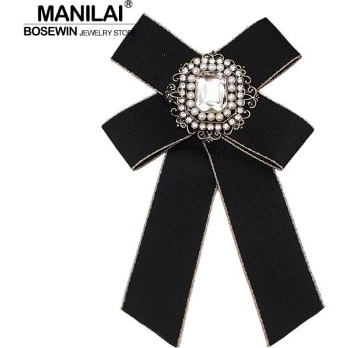 MANILAI Women Brooch Big Ribbon Bowknot Shirt Dress Bow Tie Lace Collar Brooch Pins Accessories Fashion Crystal Corsage Jewelry