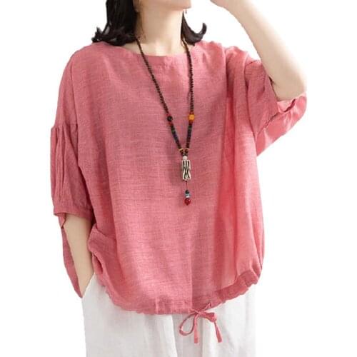 Plus Size Women T-Shirt Casual Half Sleeve Breathable Cotton Flax Female Bat T Shirt Hem Clothing Daily Wear Tshirt