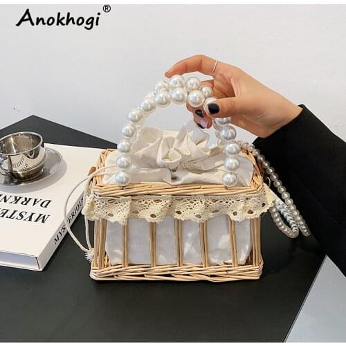 Pearl Handle Women Casual Rattan Shoulder Bag Vintage Ladies Fashion Summer Handbag ML156