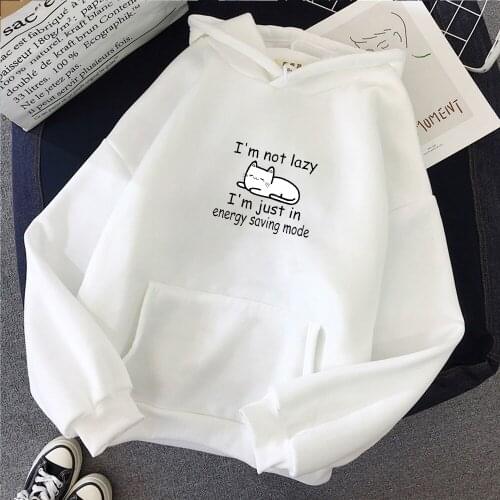 I Am Not Lazy Letter Print Hoodie Women Kpop Harajuku Cute Cartoon Cat Graphic Sweatshirts Long Sleeve Funny Streetwear Female
