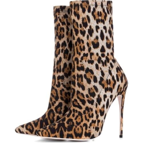 Spring Winter Women Leopard Print Sexy Boots Pointed Toe Thin High Heel Slip-On Ankle Boots High Heels Boots