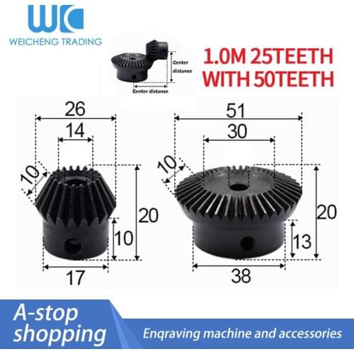 2pcs 1:2 Bevel Gear 1 Modulus 25 Teeth + 50teeth Inner diamete 8mm 90 Degree Drive Commutation Steel Gears Steel Gears Screw M5