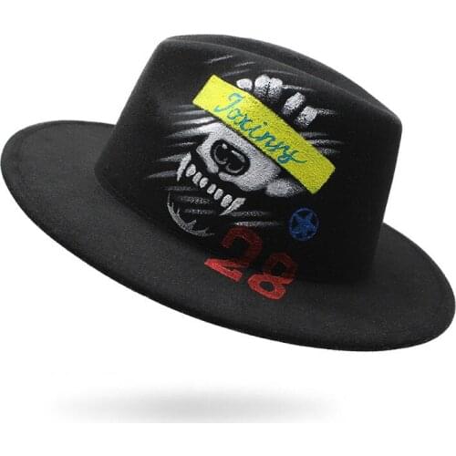 2021 Hand-painted Fedora Hat for Women Men Vintage Wide Brim Wool Jazz Hat Panama Cap Fashion Graffiti Sun Hat Lady Felt Fedoras