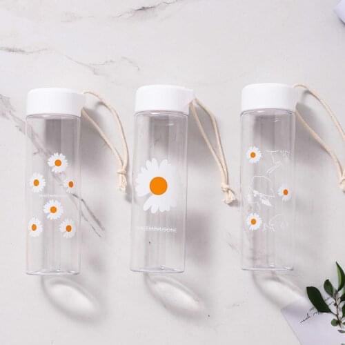 400ml Plastic Water Bottle with Rope Transparent Ins Simple Fashion Small Daisy Bottle Creative Cup for Girls