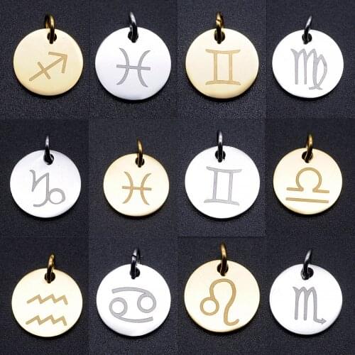 5pcs/lot Stainless Steel 12 Zodiac Symbol diy Jewelry Making Charm Wholesale Constellation Necklace Pendant Horoscope Charms