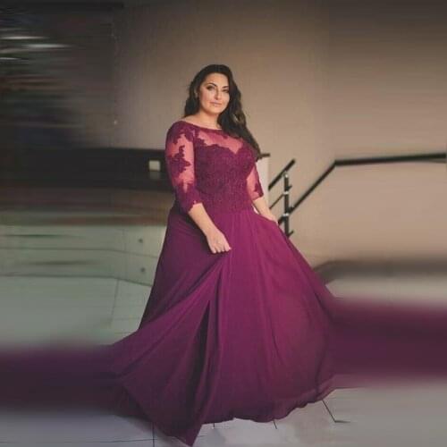 Burgundy Prom Dresses 2020 Lace Applique Half Long Sleeve Evening Gowns Sheer Neck Chiffon A Line Formal Party Dresses