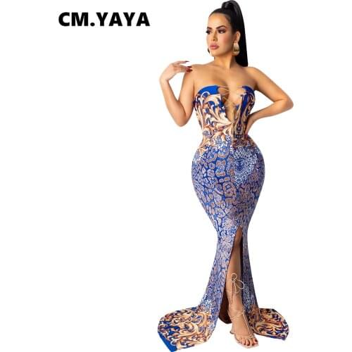 CMYAYA 2021 Summer Women Vintage Print Sleeveless Strapless Long Maxi Dress Female Maxi Vestidos Hollow Out Party Dresses