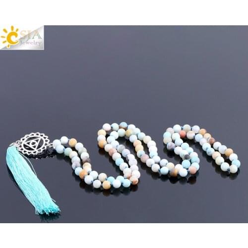 CSJA 108 Natural Round Amazonite Long Tassel Necklace 6mm Mala Rosary Beads Gem Stone Chakra Ethnic Hand-Knotted Jewellery F179