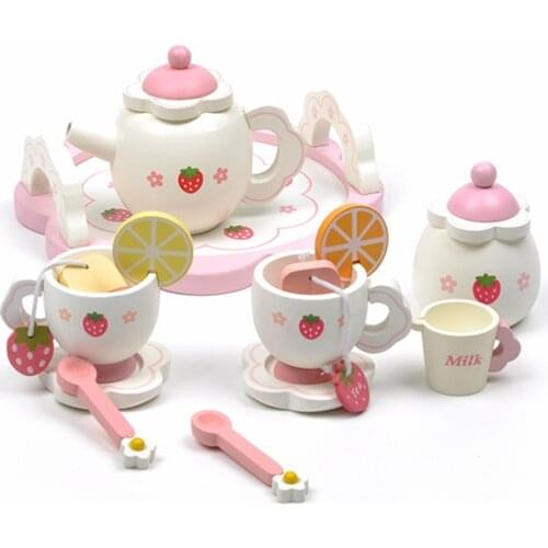 Kids Wooden Play Food Set, Mini Tea Set for Girls Boys Pretend Play Kitchen Toys, Role Playing Game