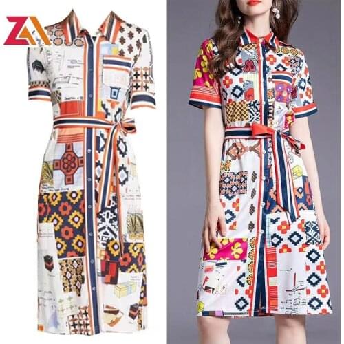 Designer runway summer mini dresses for women vintage printed short sleeve summer office dresses light basic Plus size vestido