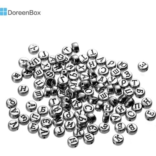 Doreen Box Hot 400 PCs Silver Color Round Russian Alphabet /Letter Acrylic Spacer Beads Mixed at Random 7mm