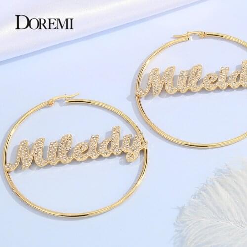 DOREMI Stainless Bling Name Bamboo Earrings Custom Hoop Bamboo Names Earrings Letter Big Personalised Name Earrings Women Gift
