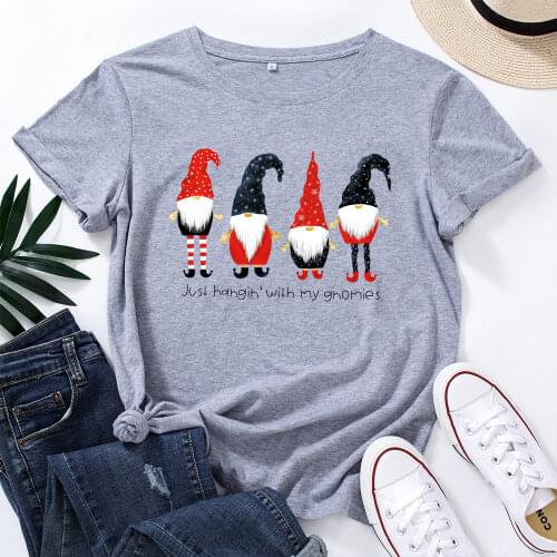 Graphic Tees for Women Cotton Short Sleeve Tee Woman T-Shirts Female Shirt Tops Summer Top Just Hanging with My Gnomie Christmas