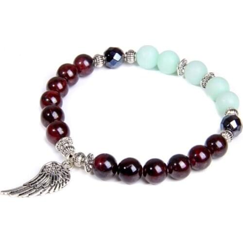 FYJS Unique Silver Plated Angel Wing Connect Round Beads Garnet Stone Stretchy Bracelet Many Colors Quartz Jewelry