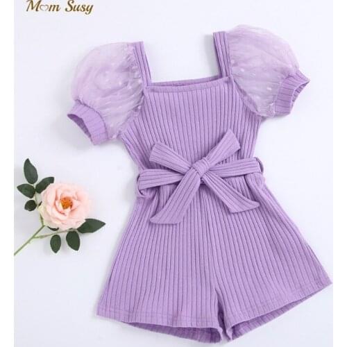Baby Girl Cotton Ribbed Jumpsuit Puff Sleeve Summer Infant Toddler Lace Jumpsuit Waist Belt Outfit Solid Color Baby Clothes 1-7Y