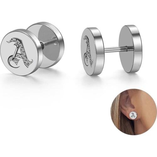Name Earring For Women Men Stainless Steel 26 A-Z Initial Letter Piercing Stud Earrings Punk Jewelry 10mm Silver Color LKE206