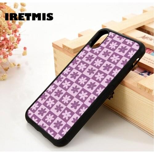 Iretmis 5 5S SE 6 6S TPU Silicone Rubber Phone Case Cover for iPhone 7 8 Plus X Xs 11 12 MINI Pro Max XR Checkered Flower Purple