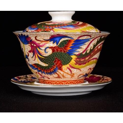 Ceramic Phoenix Gaiwan Unique tea set for milk oolong tea Bone china Cover bowl Dragon auspicious Tea Tureen