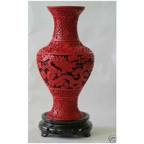 12" China Old Big Handmade Carved dragon Red Cinnabar Lacquer Vase