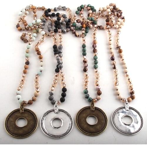 RH Fashion Bohemian Tribal Jewelry Multi Stone Beige Glass Long Knotted Metal Circle Pendant Necklaces