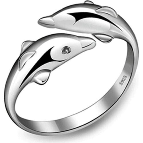 Fashion Silver Color Double Dolphin Ring Opening Adjustable Silver Color Ring For Women Girl Charm Jewelry Valentines Gift
