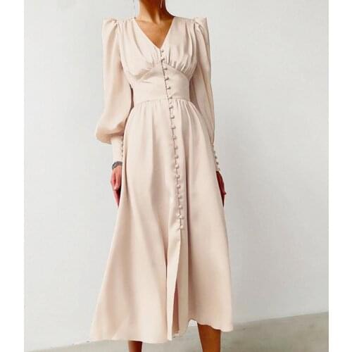 Solid Color Single Breasted Sexy Formal Dress 2021 Puff Sleeve Deep V Neck Maxi Dress Party Clud High Waist Satin Long Dresses