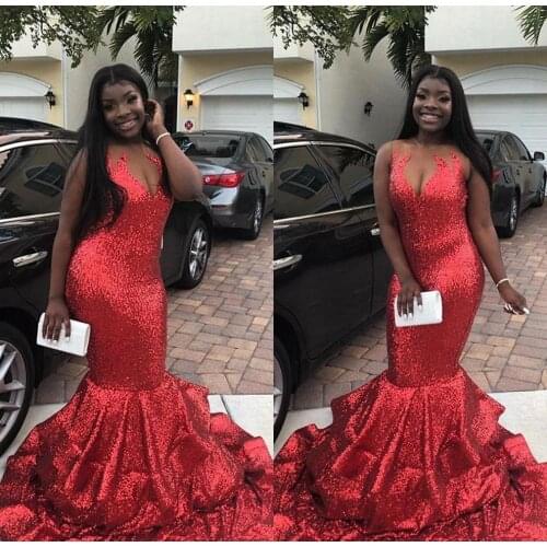 PATAPAESE Sexy Black Girls Mermaid Red Prom Dresses 2019 Full Sequined African Long Formal Evening Party Gowns vestido de gala