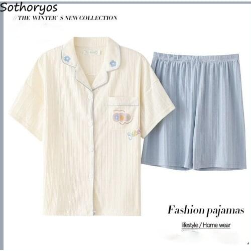 Pajama Sets Women Kawaii Cartoon Printed Preppy Style Cozy Students Home Wear Tops Elastic Waist Short Trousers Plus Size M-3XL