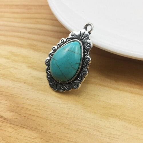 6 Pieces Tibetan Silver Water Drop Shape & Turqupise Charms Pendants for Necklace Bracelet Earring Jewellery Making 32x21mm