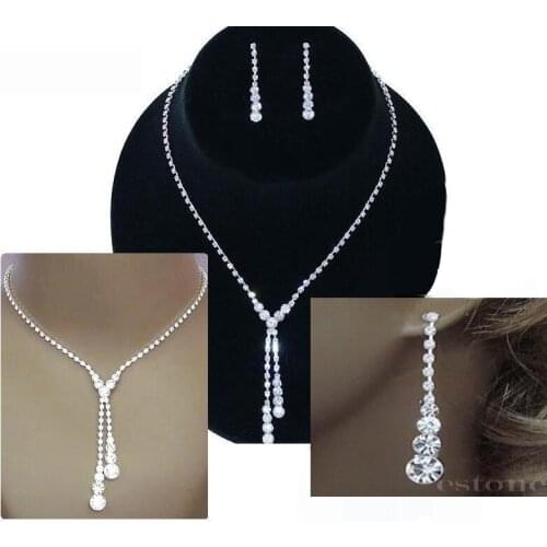 PRETTY NICE WEDDING BRIDAL CRYSTAL RHINESTONE DROP NECKLACE EARRINGS JEWELRY