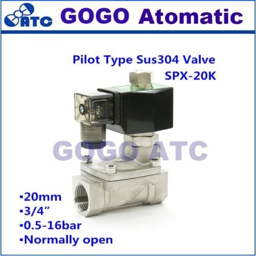 SPX-20K Stainless steel 3/4 inch Orifice 20mm 16 bar Normally open pilot solenoid valve SUS 304 for water, NBR seals