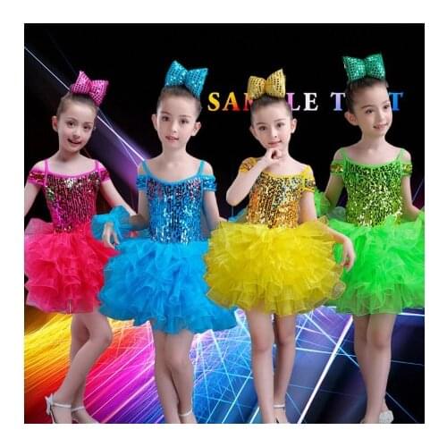 4 Colors Girl Princess dance wear Dress Ballroom Party Sequined Choir Performance clothes Thick Disorderly Yarn Dancing Outfits