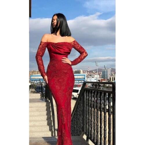 Burgundy Evening Dresses Sheath Long Sleeves Appliques Beaded Dubai Saudi Arabia Long Evening Gown Prom Dress Robe De Soiree