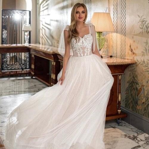 Vintage Boho Wedding Dresses 2021 Lace Bride Dress Dots Tulle Straps Plus Size Wedding Gowns Beach Vestido de Noiva Women Mariag