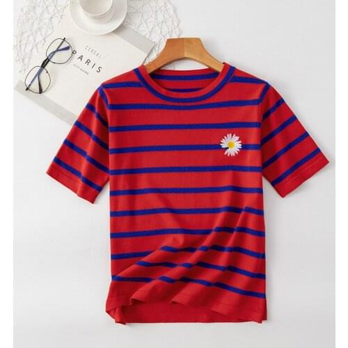 Funny Embroidery T Shirt Women Tshirt Flower Striped Knitted 2020 Summer Tops Korean T-Shirt Woman Clothes Tee Shirt Femme