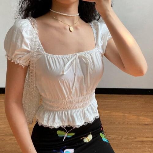 French Retro White Lace Edge Square Neck Short Sleeve Shirt Womens Bubble Sleeve Waist Down