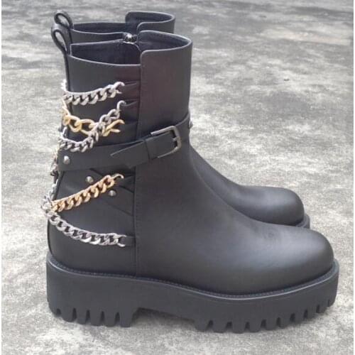 Moraima Snc Fashion Thick Heels Woman Boots Black Motorcycle Leather Boots Chains Decorations Riding Bots
