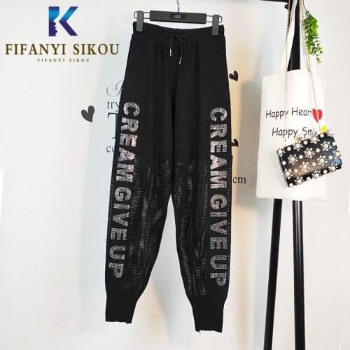 2020 Spring Women Knitting Sweatpants Fashion Hollow Out High waist Harem Pants Female Joggers Loose Elastic Waist Long Trousers