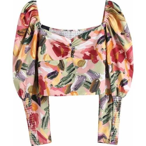 Summer Womens Square Collar Short Top Printed Elastic Puff Sleeve Tropical Holiday T-shirt 2021 New