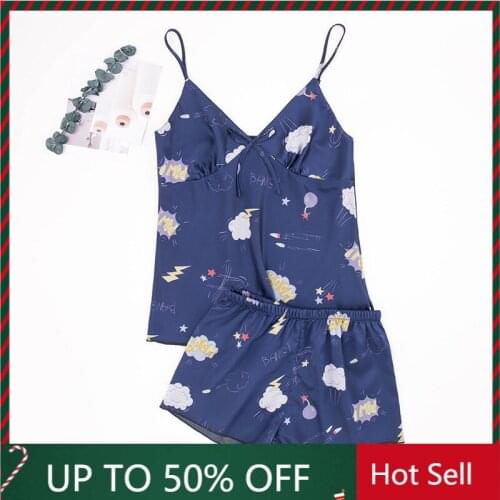 Womens Pajamas Set Suspender Silk Nightgowns Shorts Female Home Clothes Sexy Night Suit Summer Thin Printed Sleepwear Homewear
