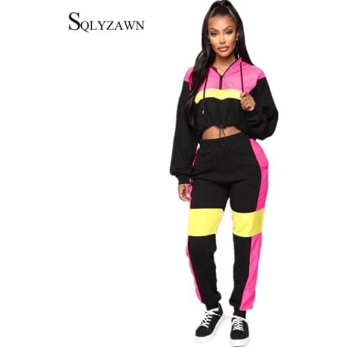 2pcs Women Drawstring Sweatshirt Set Autumn Sportwear Color Block Tracksuit Sweatpants Set Casual Female Hooded Short Sweatshirt