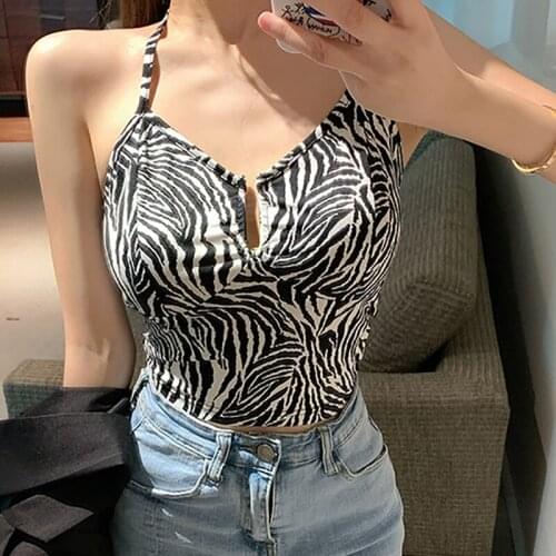 Zebra Pattern Womens Camisole Lace Up Tops Halter Top Woman Camis 2020 Summer Style Sexy Vest Slim Short Backless Crop Top Women