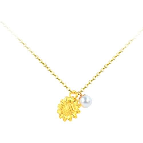 ZHIXI Real 24K 999 Gold Fine Jewelry Necklace Sunflower and Natural Pearl Pendant Pure 18K AU750 Chain Wedding Gift for Women D9