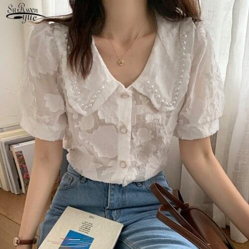2021 Summer Noble Gentle V-neck Shirts Ladies Comfort Retro Knitted Lapel Blouses Women Lace Top Shirt Women Camisas Mujer 15565