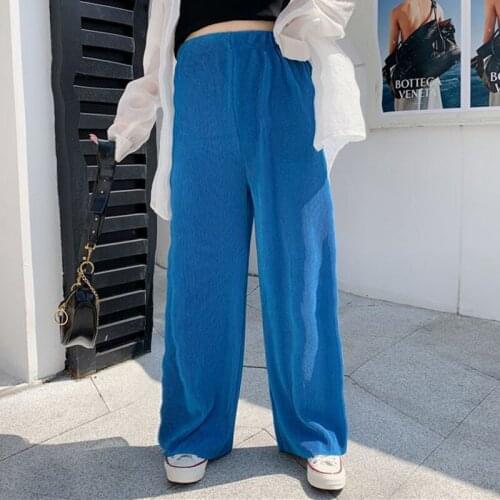 2021 Wide-leg Womens Plus size Pants High Waist Full-lenth Loose White Black Pants Casual Long Ice Silk Pants Pleated Trousers