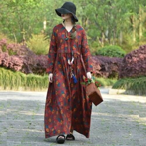 Free Shipping 2019 New Fashion Cotton Long Maxi Dress Women Long Sleeve Loose Dress Flower Print V-neck Spring Autumn Dresses