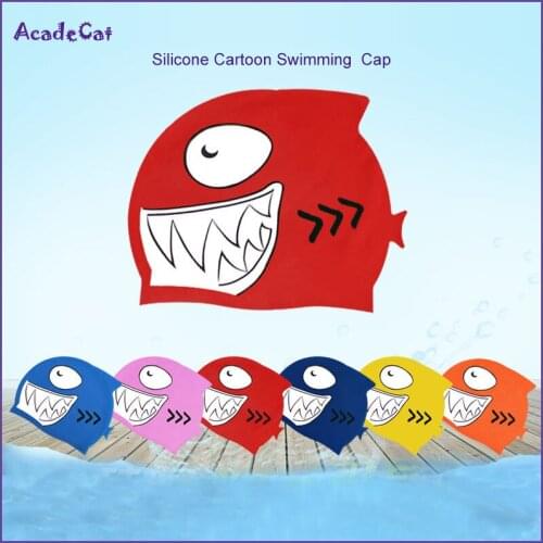 Kids Silicone Cartoon Swimming Cap Diving Protection Travel Sports Hat High Elasticity Beach Printed Shark Cap For Children