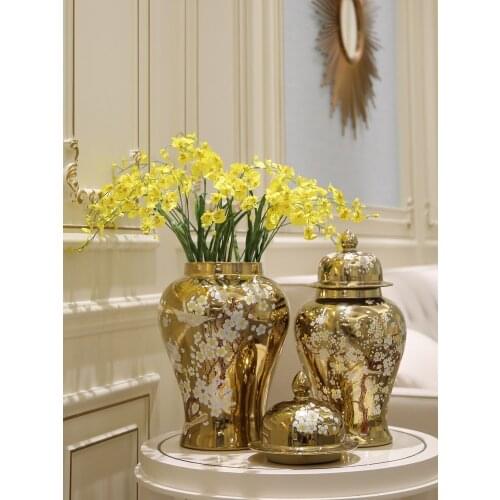 Porcelain temple jar flower bird pattern golden Antique decorative ceramic ginger jars with lid