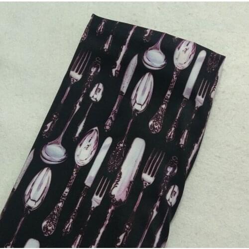 Graceful Digital Printing Black Dinner Set Knife And Fork 100% Polyester 50x140cm Elastic Fabric Stretchable Fabric For Cloth Dr