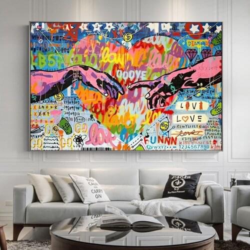 Graffiti Canvas Painting Classic Famous The Creation Of Adam By Michelangelo Hand To Hand Love Wall Art Posters Prints Pictures